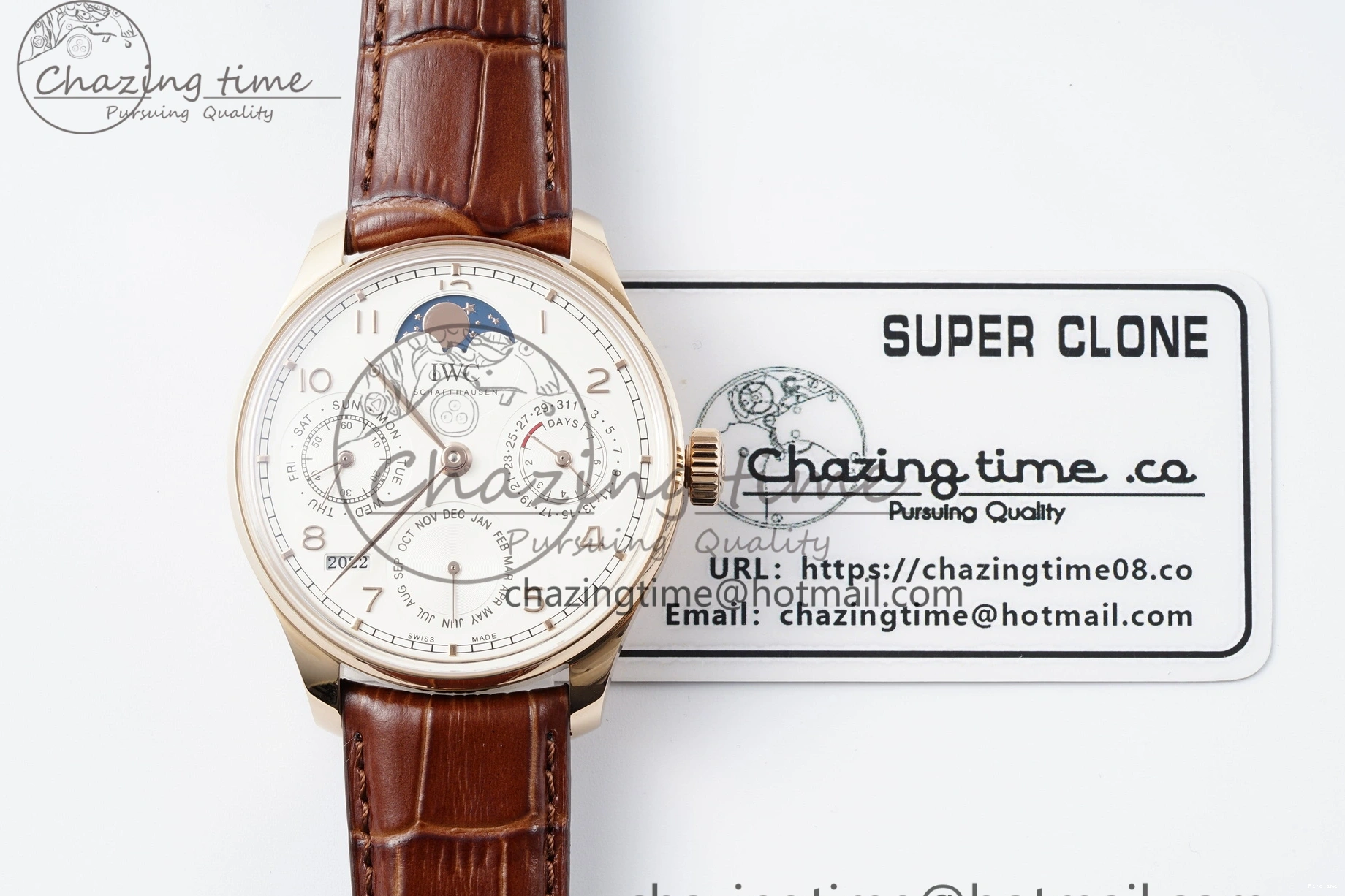 MIROTIME 0420 WellDesigned Portugieser Perpetual Calendar RG 5033 APSF 1:1 Best Edition White Dial on Brown Leather Strap A52610 Clone 7042